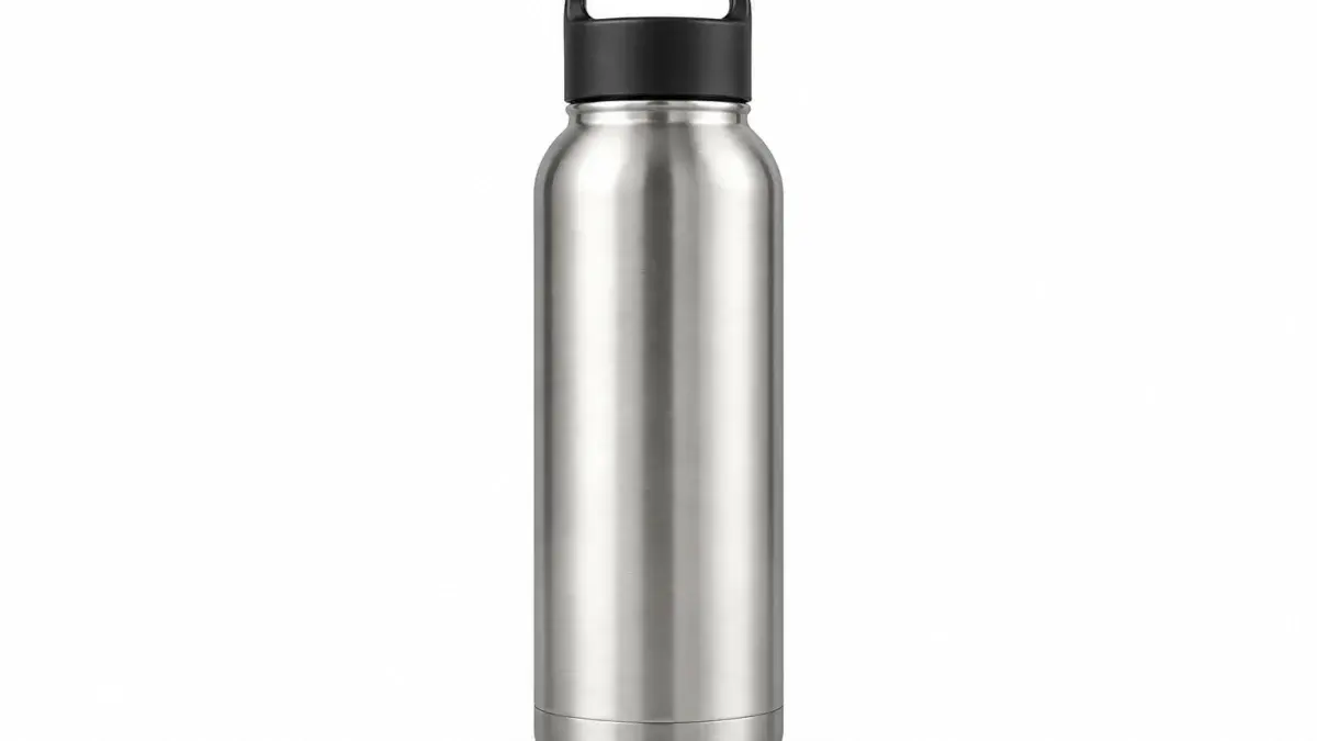 Finished marketplace-ready hero catalogue photograph of a single brushed stainless steel insulated water bottle with a matte black handle-loop lid, straight-on front view on a seamless pure white background, the entire bottle visible and filling most of the frame with generous safe spacing, crisp metal reflections, soft studio lighting with a subtle realistic grounding shadow, accurate neutral colour balance, sharp commercial Amazon main image style for the first slot of an image sequence, no props, no text, no logo, no watermark.