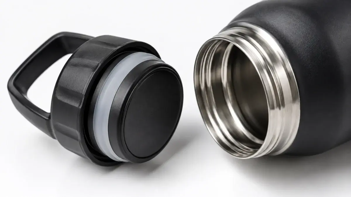 Extreme close-up detail photograph of the matte black handle-loop lid, silicone seal ring and brushed steel neck threads of an insulated water bottle, shot with a macro lens at a slight three-quarter angle on a clean white surface, controlled soft highlights on the metal, crisp texture detail, shallow depth of field, realistic soft shadow, accurate neutral colours, secondary Amazon listing image proving build quality, no text, no logo, no watermark.