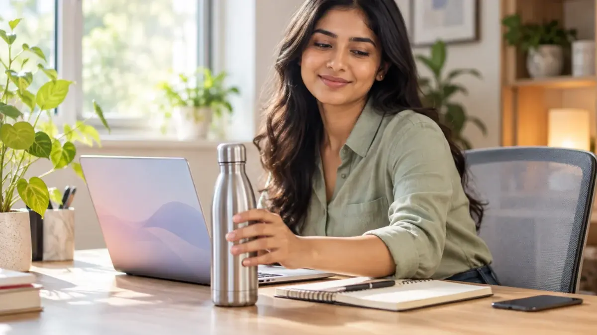 Lifestyle use-case photograph for an Amazon secondary image: a young Indian woman in casual work clothes sitting at a bright modern home desk, picking up a stainless steel insulated water bottle next to a notebook and a laptop with a soft abstract screen, warm natural window light, shallow depth of field, the bottle clearly visible and sharp in the foreground, authentic everyday mood, accurate colours, realistic hands, no text, no logos, no watermark.
