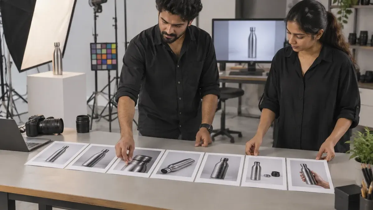 Behind-the-scenes quality-control and sequencing scene in a professional Indian ecommerce photography studio: an Indian photographer and a retoucher stand at a long table arranging seven printed product photographs of a steel water bottle in a planned order while a calibrated retouching monitor shows an abstract soft image, colour-check card and tidy light stands visible in the background, clean commercial studio, natural working atmosphere, neutral colour balance, realistic faces and hands, no logos, no signage, no watermark, no text.