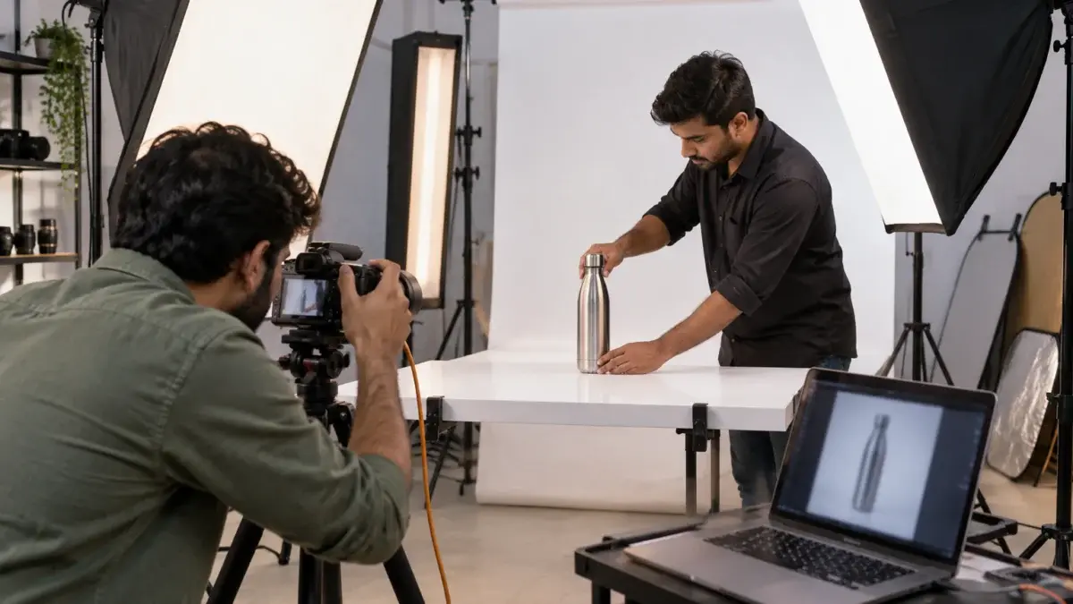 Behind-the-scenes commercial ecommerce photography scene inside an Indian Standard Ecommerce Photography Studio showing an Indian male photographer capturing a stainless steel water bottle on a white product table with a seamless white backdrop, a mirrorless camera on a sturdy tripod tethered to a laptop for image review, large diffused softboxes on both sides and a strip light controlling edge reflections, a photography assistant adjusting the bottle angle, reflectors and light stands neatly arranged in the background, realistic proportions, natural working atmosphere, neutral colour balance, no logos, no studio branding, no watermark, no text.