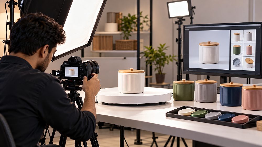 Amazon product videos workflow inside an Indian standard ecommerce photography studio, showing a generic home product on a compact turntable while a professional mirrorless camera records a clean demonstration shot, with soft key light, fill light, edge light, video thumbnail reference frame on a monitor and product variations organised nearby for ASIN mapping; realistic commercial video production, neutral colour balance, natural shadows, no visible brand logos, no location text, no watermark and no readable screen text.