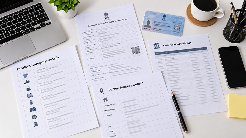Behind the scenes of amazon seller registration documents checklist arranged on a clean desk inside an Indian standard