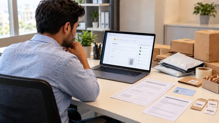 Amazon seller registration 2026–27 planning scene inside an Indian standard ecommerce photography studio showing an Indian ecommerce business owner reviewing Seller Central onboarding on a laptop beside organised GST certificate, PAN card placeholder, bank account notes, product SKU samples and packing materials, eye-level editorial composition, soft diffused window-style studio lighting, warm off-white desk surface, accurate realistic paperwork proportions, premium commercial business photography, no readable private data, no visible logos, no watermark and no location text