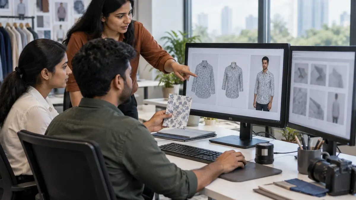 Behind-the-scenes office scene in a clean modern Indian ecommerce catalogue post-production room, two Indian retouchers at large colour-calibrated monitors comparing three versions of the same printed cotton shirt image side by side, one flat lay, one ghost mannequin and one on a model, shown only as soft abstract thumbnails, a catalogue manager standing behind them pointing at the screen while planning the image sequence for a marketplace listing, a hardware colour calibrator resting on the desk edge, a printed swatch of the fabric held up next to the screen for colour comparison, tidy desks, soft daylight from large windows, neutral colour balance, supports the section on building a mixed-style listing sequence, no logos, no signage, no readable text, no watermark