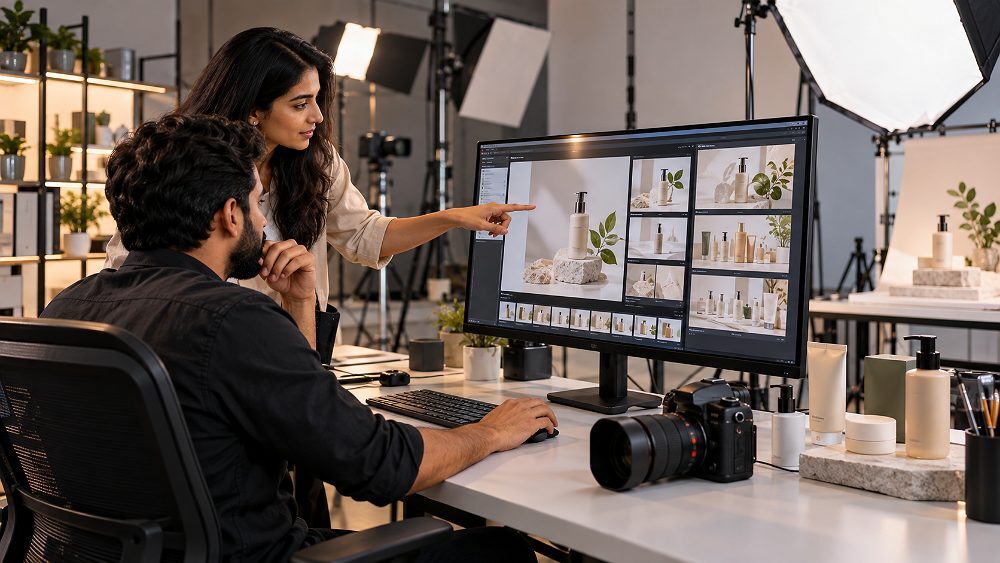 Behind the scenes of behind-the-scenes module-planning scene inside an Indian standard ecommerce photography studio with a