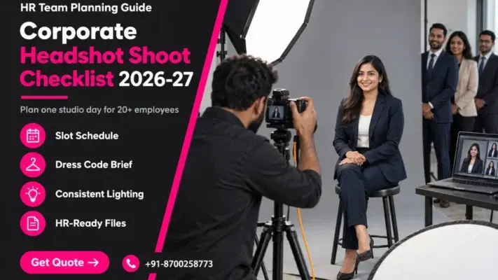 Corporate headshot shoot checklist featured banner with the headline Corporate Headshot Shoot Checklist 2026-27 on a dark charcoal panel with pink accents listing slot schedule, dress code brief, consistent lighting and HR-ready files, beside a photo of an Indian photographer shooting a woman employee in a navy blazer against a grey backdrop with an octabox key light