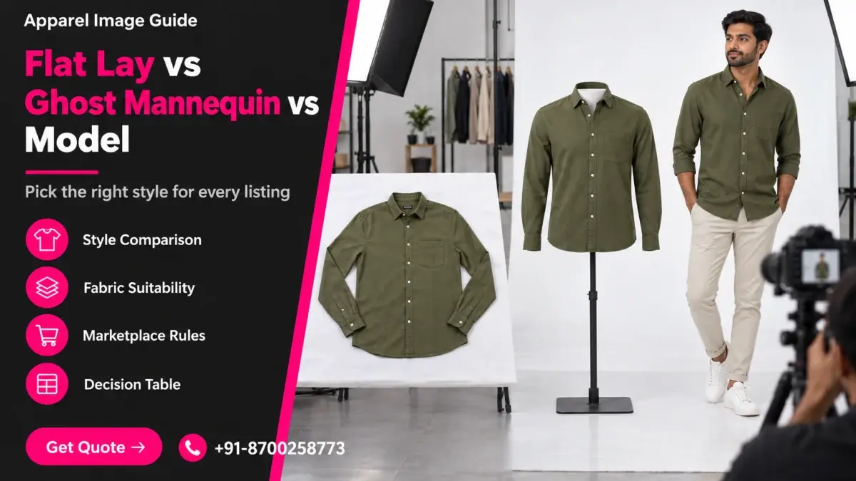 Featured banner for flat lay vs ghost mannequin vs model apparel image comparison, dark left panel with the headline Flat Lay vs Ghost Mannequin vs Model, four feature labels, a Get Quote button and phone number, right side photo of the same olive cotton shirt shown flat from above, on an invisible mannequin form and on an Indian male model in a bright white apparel studio with softboxes