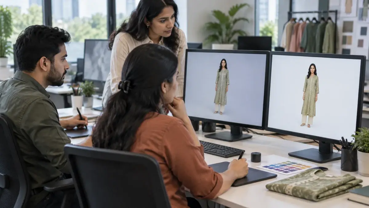 Behind-the-scenes office scene in a modern Indian ecommerce catalogue team workspace, where two Indian retouchers and a quality-control lead sit at colour-calibrated monitors comparing a full-length apparel model photo on a light grey background with the same garment on a pure white background side by side before marketplace upload, a printed colour-check card and a folded sample kurta on the desk, soft daylight from large windows, tidy desks with tablets and pen styluses, screens showing only soft abstract images with no readable text, calm focused mood, supporting the pre-upload background check section, no logos, no signage, no text, no watermark.