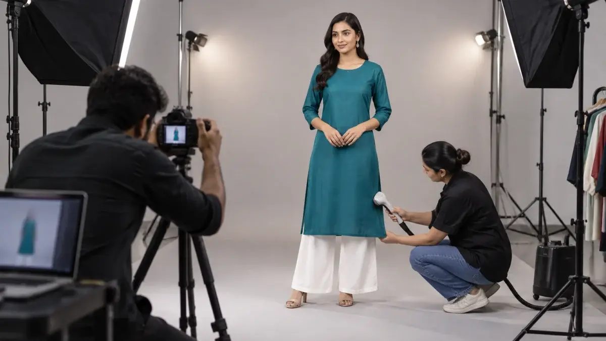 Behind-the-scenes apparel catalogue shoot inside an Indian Standard Ecommerce Photography Studio, showing an Indian female model in a plain teal cotton kurta and white palazzo standing on a seamless light grey paper sweep while a photographer frames a full-length front view with a mirrorless camera on a tripod tethered to a laptop. Two large softboxes light the model from 45 degrees, a separate pair of lights evenly washes the grey sweep behind her, and a stylist with a handheld garment steamer smooths the kurta hem; a soft natural floor shadow falls behind her feet, light stands and C-stands tidy at the edges, neutral colour balance, realistic working atmosphere, supporting the section on lighting a grey sweep for Flipkart apparel images, no logos, no text, no watermark.
