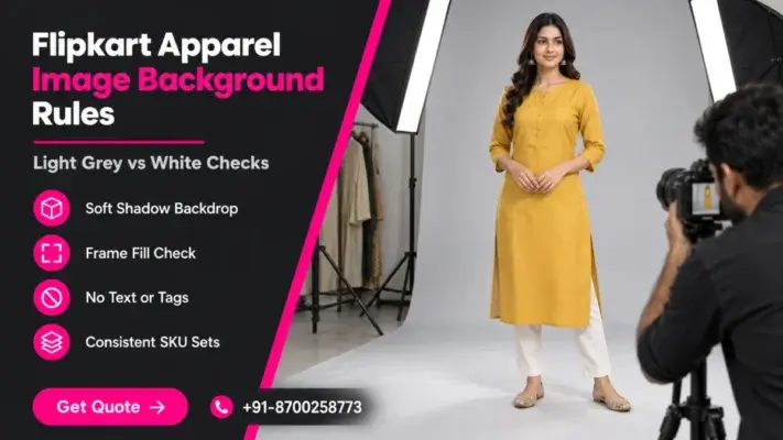 Flipkart apparel image background split banner with the headline Flipkart Apparel Image Background Rules on a dark charcoal panel with pink accents, four checklist labels and a Get Quote button, beside a photo of an Indian model in a mustard kurta on a light grey paper sweep with softboxes and a photographer at a tripod