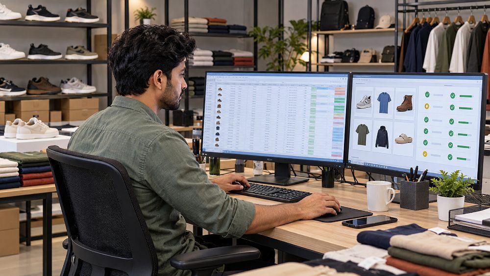 Behind the scenes of high-volume bulk listing quality-control scene in an Indian standard ecommerce photography studio