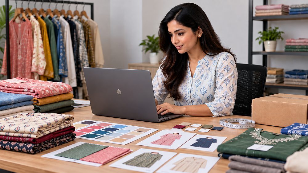 Behind the scenes of catalogue preparation workflow inside an Indian standard ecommerce photography studio showing a