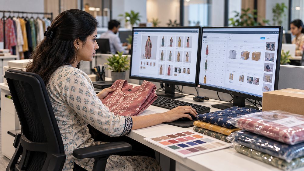 Behind the scenes of catalogue troubleshooting and QC review inside an Indian standard ecommerce photography studio