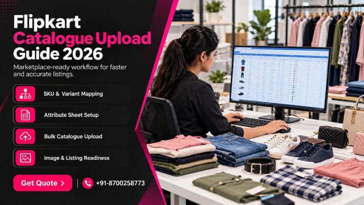 Flipkart catalogue upload operations scene inside an Indian standard ecommerce photography studio showing a