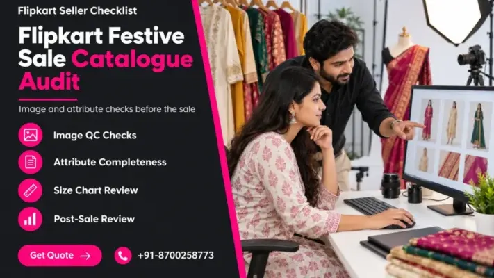 Featured banner for a flipkart festive sale catalogue audit checklist: dark left panel with the headline Flipkart Festive Sale Catalogue Audit, four pink icon rows for image QC checks, attribute completeness, size chart review and post-sale review, a Get Quote button and phone number, and on the right an Indian catalogue team reviewing festive ethnic wear photos on a monitor in a bright ecommerce studio with a rack of kurtas and sarees
