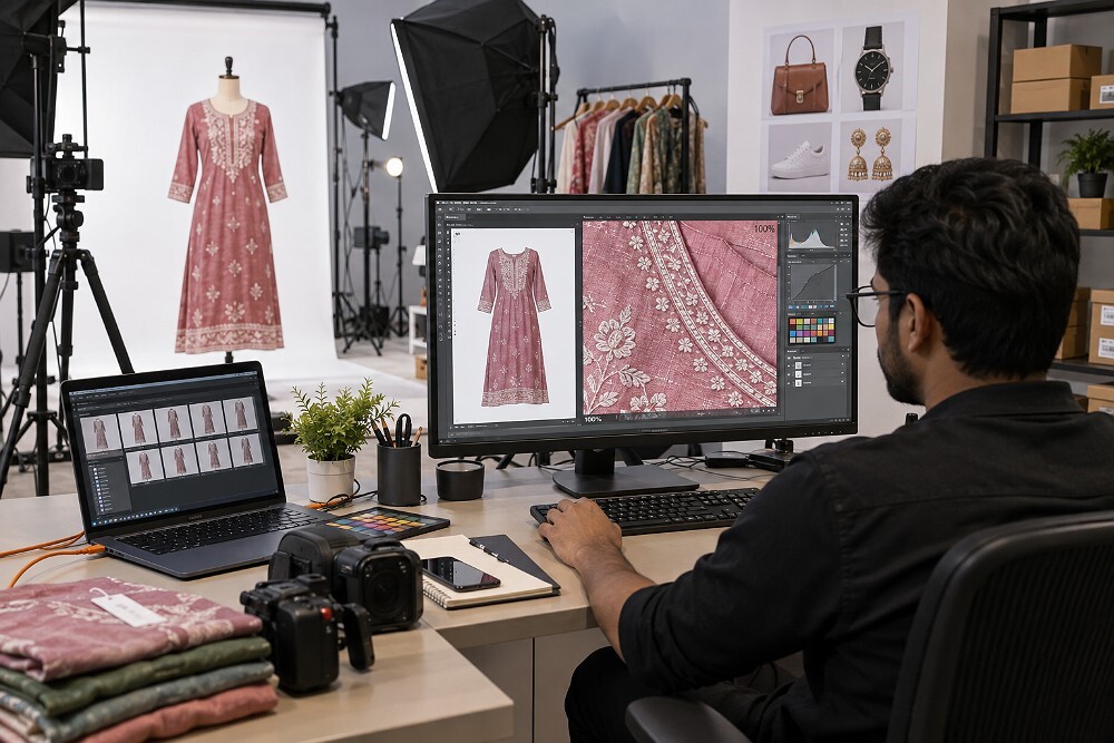 Behind the scenes of marketplace listing QC and image retouching workstation inside an Indian standard ecommerce