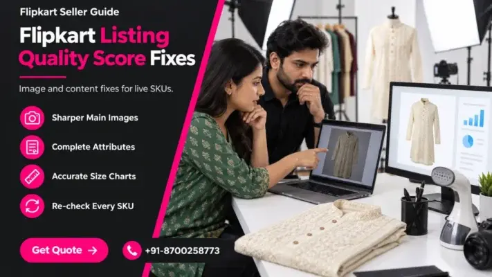 Split featured banner for a flipkart listing quality score guide: dark charcoal left panel with the headline Flipkart Listing Quality Score Fixes, four pink icon rows for sharper main images, complete attributes, accurate size charts and re-checking every SKU, a pink Get Quote button and phone number, and on the right a photorealistic studio desk where an Indian catalogue manager and photographer compare a dull kurta photo with a crisp white-background kurta photo