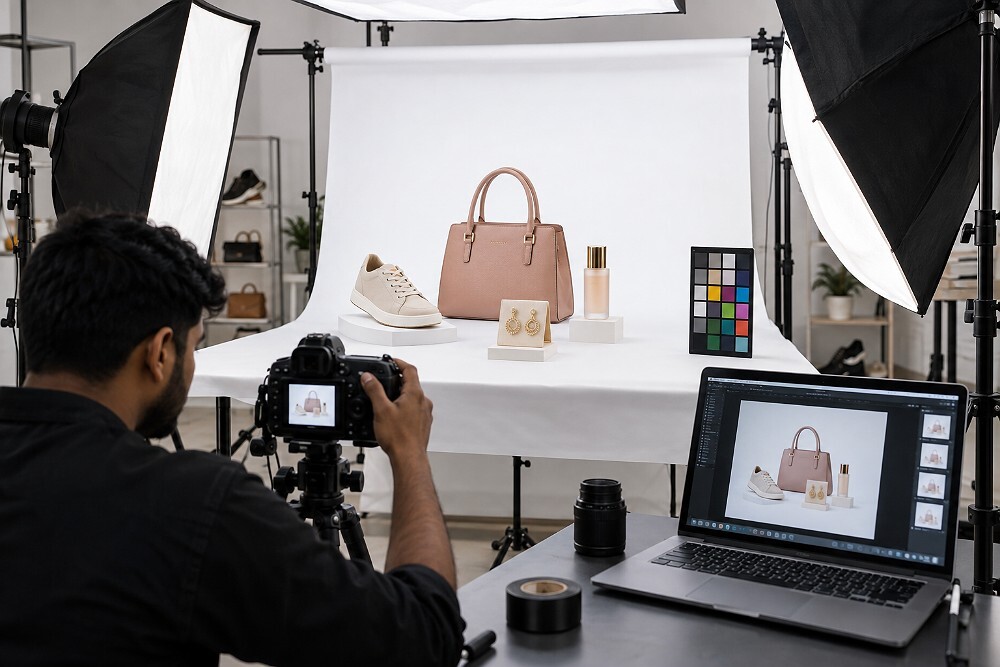 Behind the scenes of flipkart product photography technical setup inside an Indian standard ecommerce photography studio