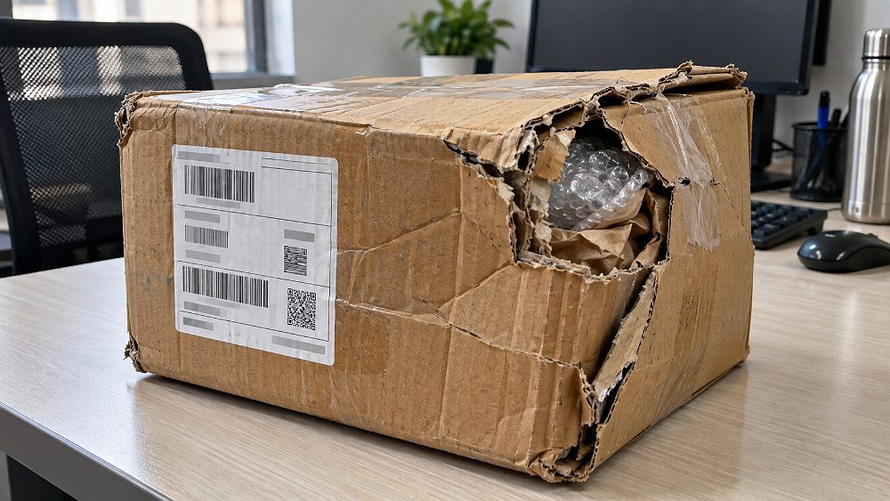 Behind the scenes of damaged ecommerce parcel documented beside an Indian standard ecommerce photography studio with a