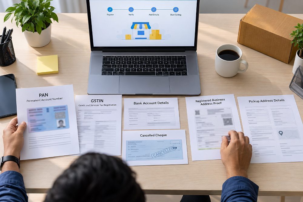 Behind the scenes of detailed business-document preparation scene inside an Indian standard ecommerce photography studio