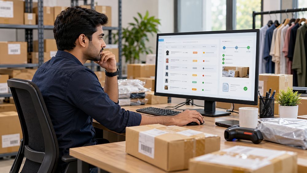 Behind the scenes of marketplace seller monitoring return cases beside an Indian standard ecommerce photography studio
