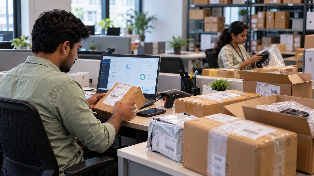 Behind the scenes of seller operations desk beside an Indian standard ecommerce photography studio showing returned