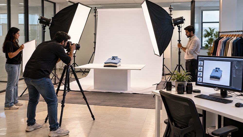 Behind the scenes of professional catalogue production setup inside an Indian standard ecommerce photography studio with