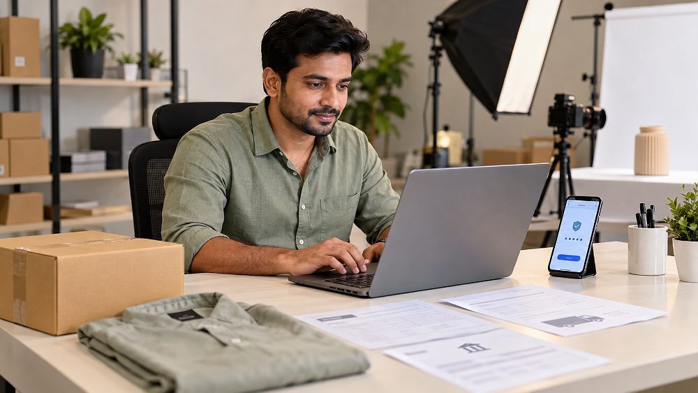 Behind the scenes of flipkart seller registration planning scene for an Indian ecommerce merchant at a clean desk beside