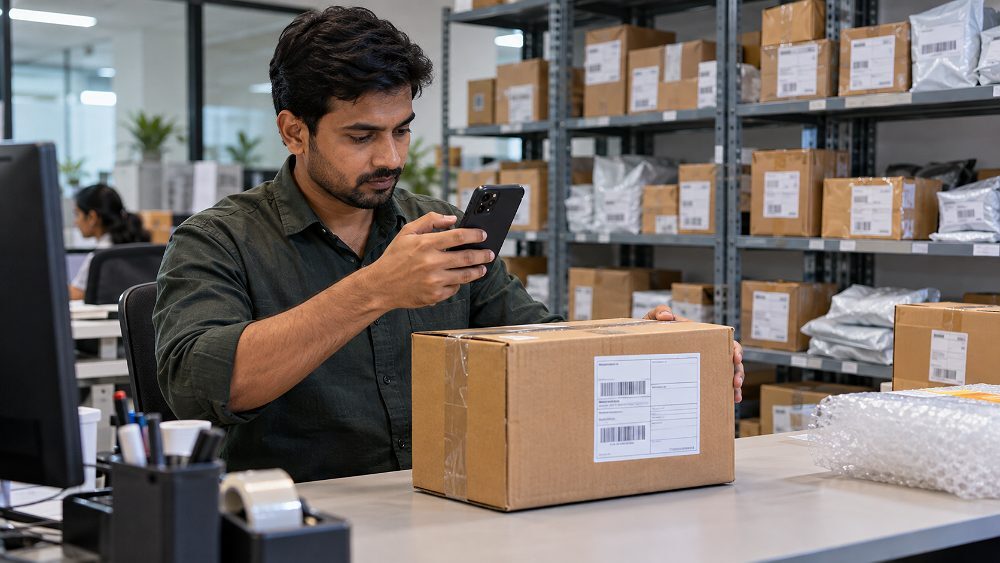 Behind the scenes of return inspection workflow beside an Indian standard ecommerce photography studio showing a seller