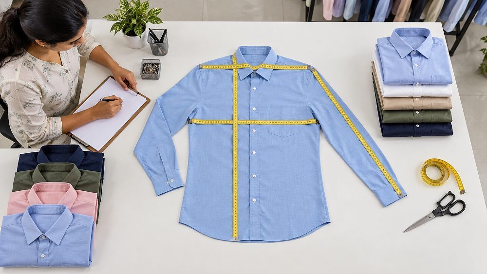 Behind the scenes of apparel size- preparation inside an Indian standard ecommerce photography studio showing a steamed