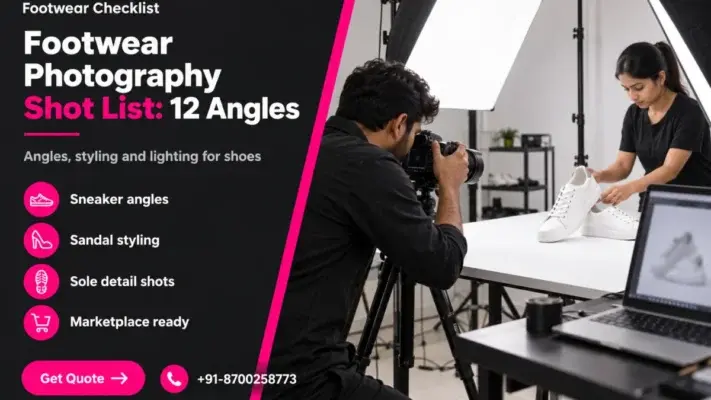 Footwear photography shot list banner: dark left panel with the headline Footwear Photography Shot List: 12 Angles, four feature labels, a Get Quote button and phone number, beside a photo of a photographer shooting white sneakers on a white seamless table with softboxes and a tethered laptop