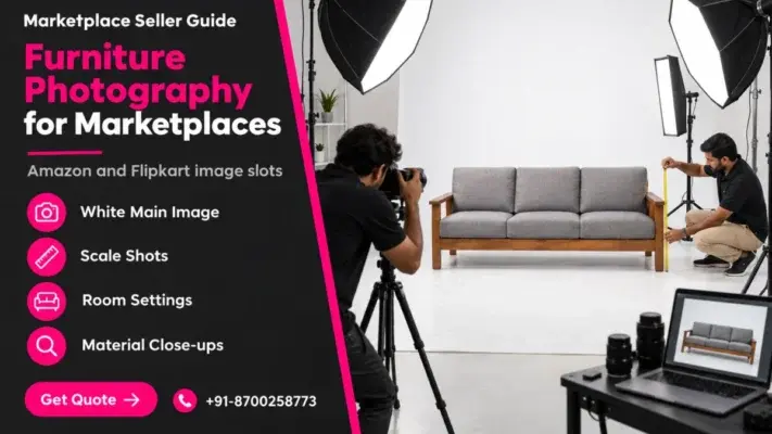 Split blog banner with the headline Furniture Photography for Marketplaces on a dark panel listing white main image, scale shots, room settings and close-ups, beside a photographer shooting a grey wooden sofa on white seamless