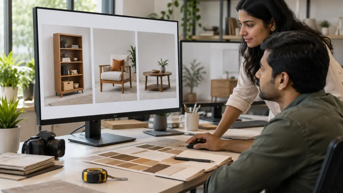 Office behind-the-scenes scene of an Indian ecommerce catalogue team at a clean modern desk, a retoucher and an account manager reviewing a grid of finished furniture product photographs of a wooden bookshelf, an armchair and a coffee table on a large colour-calibrated monitor, a second screen showing a soft abstract room-setting image, a printed swatch of wood veneer samples and a measuring tape on the desk beside a notebook, soft daylight from a window, tidy shelves in the background, calm focused quality-check mood for the image set planning section of a furniture marketplace guide, screens show only soft abstract imagery, no logos, no signage, no text