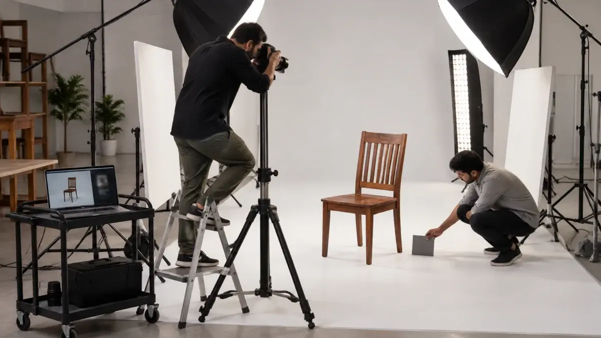 Behind-the-scenes furniture photography scene inside an Indian Standard Ecommerce Photography Studio, an Indian photographer on a step ladder shooting a solid sheesham wood dining chair from a high three-quarter angle on a wide white seamless cyc floor, the camera on a heavy tripod with a tall centre column tethered to a laptop on a rolling cart, two large octabox softboxes on boom stands feathered across the frame and a long strip light rim-lighting the chair back, an assistant placing a small grey colour-check card near the chair legs, white foam boards bouncing fill, neutral colour balance, soft grounding shadow, clean commercial workspace supporting the hero angle section of a marketplace furniture guide, no logos, no text
