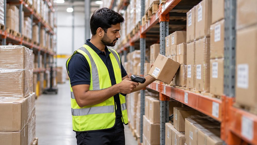 increase sales on Amazon using FBA inventory management concept showing a professional worker reviewing stock between