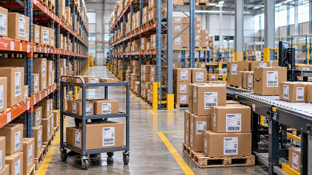 Behind the scenes of amazon FBA shipping and fulfilment workflow scene showing warehouse staff moving cartons through