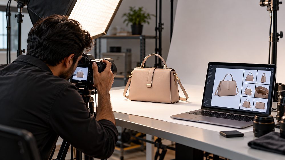 Behind the scenes of behind-the-scenes ecommerce product photography scene showing a photographer capturing a handbag