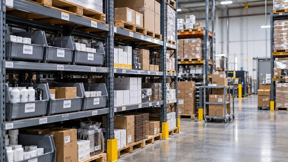 Behind the scenes of close warehouse inventory-control with labelled bins and organised shelving to explain Amazon FBA