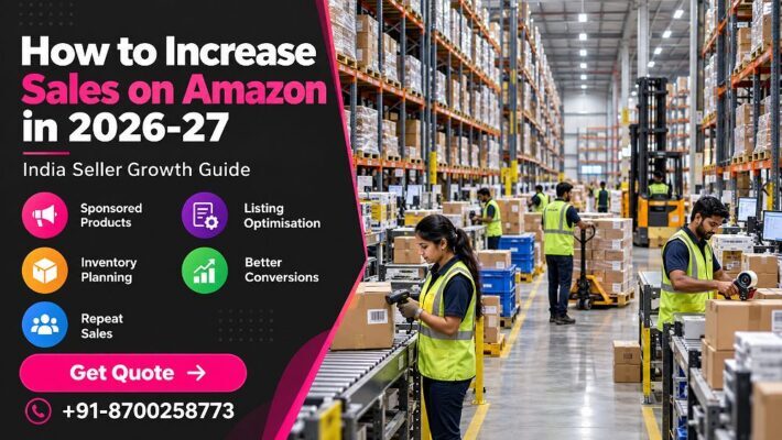 Wide editorial Amazon FBA fulfilment-centre inventory scene with tall warehouse aisles, stacked cartons,