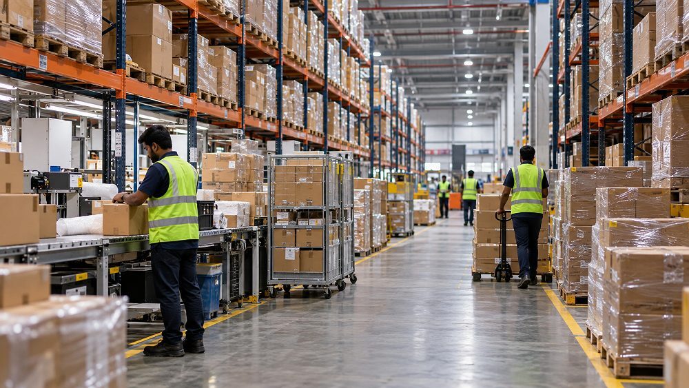Behind the scenes of wide editorial Amazon FBA fulfilment-centre inventory scene with tall warehouse aisles, stacked