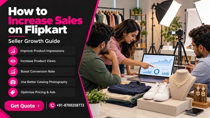 Marketplace growth planning scene inside an Indian standard ecommerce photography studio showing a seller