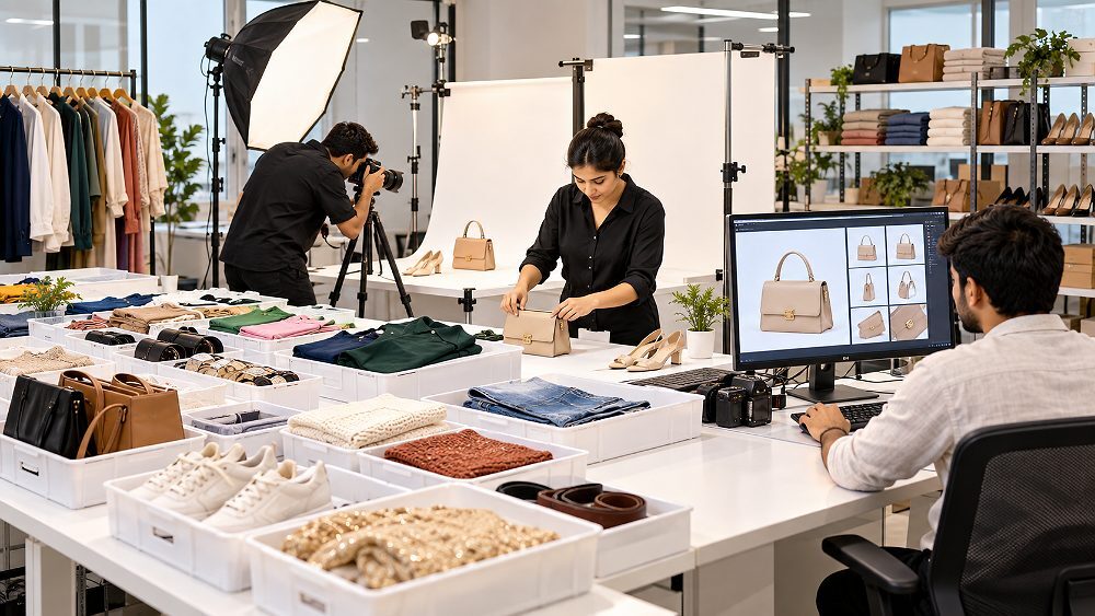 Large Amazon product catalogue production pipeline inside an Indian standard ecommerce photography studio, showing multiple generic SKUs organised in labelled trays, a stylist preparing one item, a photographer capturing the next product, and a catalogue team member reviewing main image and secondary image assets on a tethered workstation; wide editorial composition, clean white and ivory surfaces, soft diffused lighting, realistic high-volume ecommerce workflow, no logos, no location text, no watermark and no readable labels.