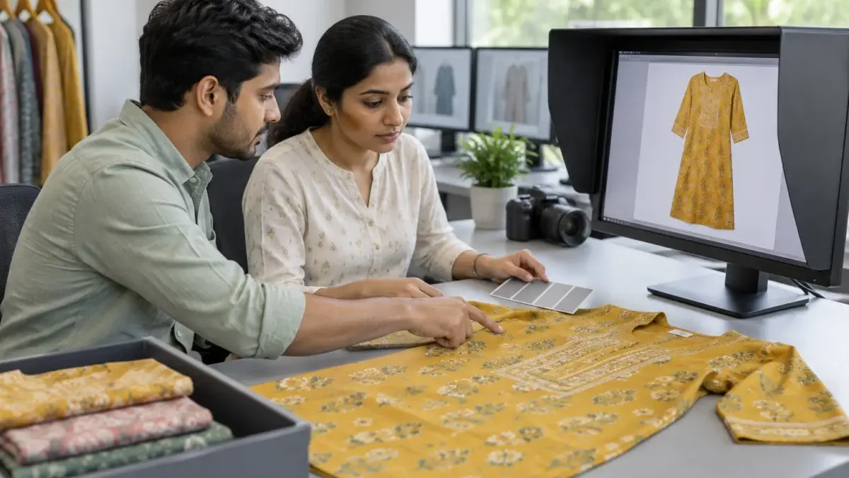 Behind-the-scenes catalogue quality-control desk in a clean modern Indian ecommerce services office: two Indian catalogue editors, a young man and a woman, sit side by side at calibrated monitors comparing a finished square apparel image of a mustard printed kurti against the physical garment laid flat on the desk beside a grey colour reference card, one pointing at the fabric print while the other checks the screen, soft daylight, hood-shaded monitor, abstract garment imagery on screens, calm focused mood