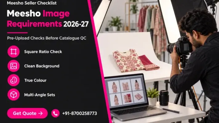 Split featured banner reading Meesho Image Requirements 2026-27 with the subtitle Pre-Upload Checks Before Catalogue QC, four pink icon rows for square ratio, clean background, true colour and multi-angle sets, a Get Quote button and phone number on a charcoal panel, beside a photorealistic scene of an Indian photographer shooting a folded printed kurti on a white seamless table under two softboxes with a tethered laptop, illustrating meesho image requirements checks