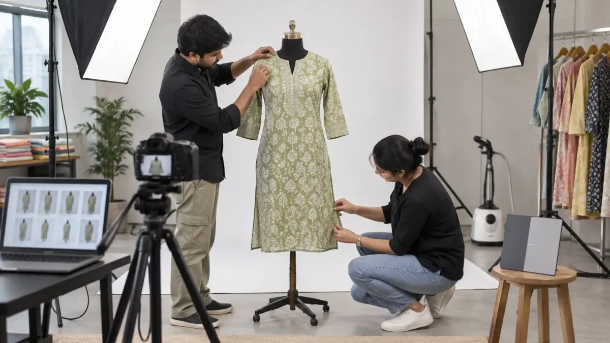 Behind-the-scenes ecommerce catalogue photoshoot inside an Indian Standard Ecommerce Photography Studio: an Indian product photographer adjusts a steamed sage printed cotton kurti on a dress form against a seamless white paper backdrop while a female stylist kneels to smooth the hem, two large softboxes at 45 degrees, a mirrorless camera on a tripod tethered to a laptop showing a soft abstract grid of thumbnails, a grey colour reference card on a stool, a garment steamer and a rail of kurtis waiting in the background, neutral daylight colour, documentary working atmosphere