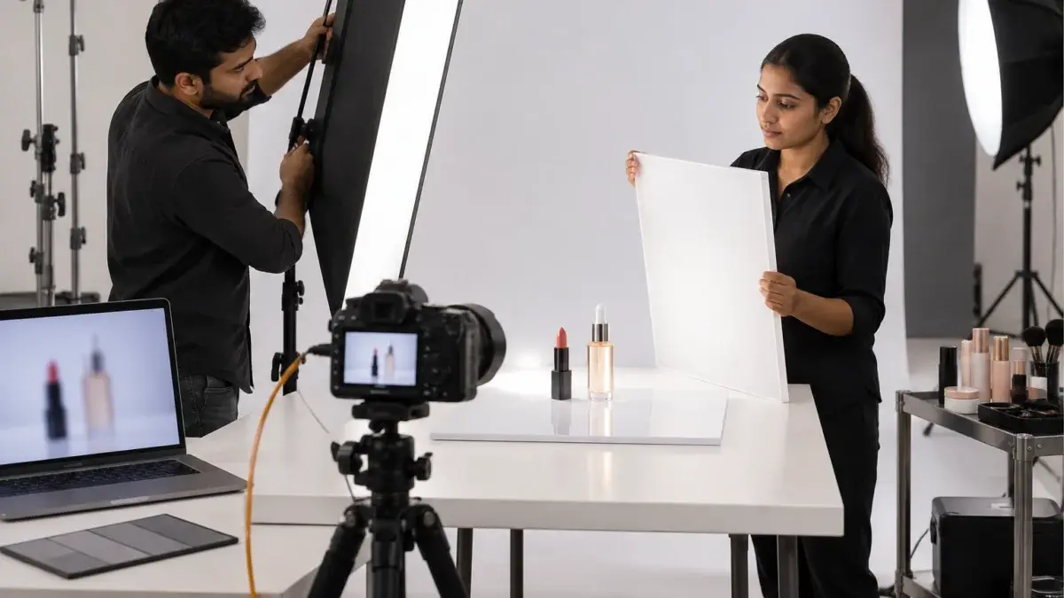 Behind-the-scenes cosmetic catalogue photography scene inside an Indian Standard Ecommerce Photography Studio: an Indian product photographer adjusts a long strip softbox beside a glossy black lipstick and a clear glass serum bottle standing on a white acrylic sheet, while an Indian female assistant holds a white diffusion panel to control the reflection on the bottle shoulder. A full-frame mirrorless camera with a macro lens sits on a sturdy tripod tethered to a laptop that shows a soft abstract preview, a grey colour-check card lies at the edge of the table, unbranded cosmetic products wait in a neat row on a side trolley, light stands and a second softbox visible in the background, clean white seamless backdrop, neutral colour balance, realistic soft shadows, supports the section on shooting glossy packaging for Nykaa listings, no text, no logos, no watermark.