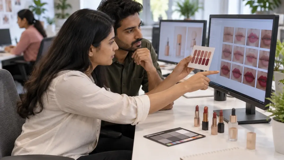 Behind-the-scenes office scene in a clean modern Indian ecommerce catalogue team workspace: an Indian female retoucher and an Indian male catalogue manager sit side by side at a calibrated wide monitor comparing a grid of lipstick shade swatch images against a physical shade card held up beside the screen, a second monitor shows soft abstract product thumbnails, a few unbranded lipstick and serum samples rest on the white desk next to a grey colour-check card and a notebook with no visible writing, soft daylight from a window plus neutral overhead lighting, tidy professional desks, plants in the background, supports the section on shade consistency and catalogue QC before upload, realistic, natural expressions, no text, no logos, no watermark.