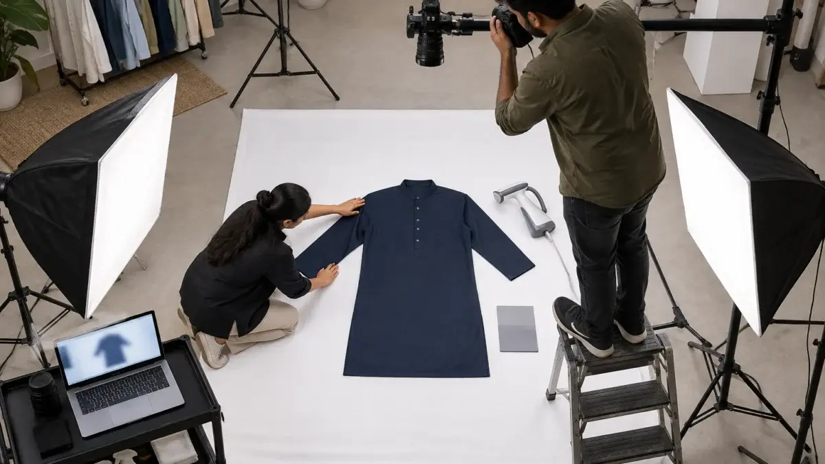 Behind-the-scenes overhead flat lay apparel shoot inside an Indian Standard Ecommerce Photography Studio, an Indian photographer standing on a sturdy step platform beside a boom-arm camera rig pointing straight down at a navy cotton kurta laid perfectly square on a large white seamless sheet on the floor, a stylist kneeling at the edge squaring the shoulders and smoothing the sleeves with her hands, a handheld garment steamer and a grey colour-check card resting beside the garment, two large softboxes angled from both sides for even shadowless light, a tethered laptop on a side trolley showing a soft abstract preview, clean organised studio with light stands and a garment rail with steamed shirts in the background, neutral colour balance, realistic shadows, supports the section on how flat lay, ghost mannequin and model setups differ, no logos, no text, no watermark