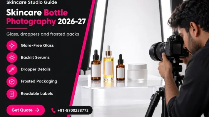 Featured banner for skincare bottle photography: left charcoal panel with the headline Skincare Bottle Photography 2026-27, five pink icon rows for glare-free glass, backlit serums, dropper details, frosted packaging and readable labels, and a Get Quote button; right side shows an Indian photographer shooting amber and clear glass serum dropper bottles and a frosted jar on white acrylic between tall strip softboxes with a glowing backlight